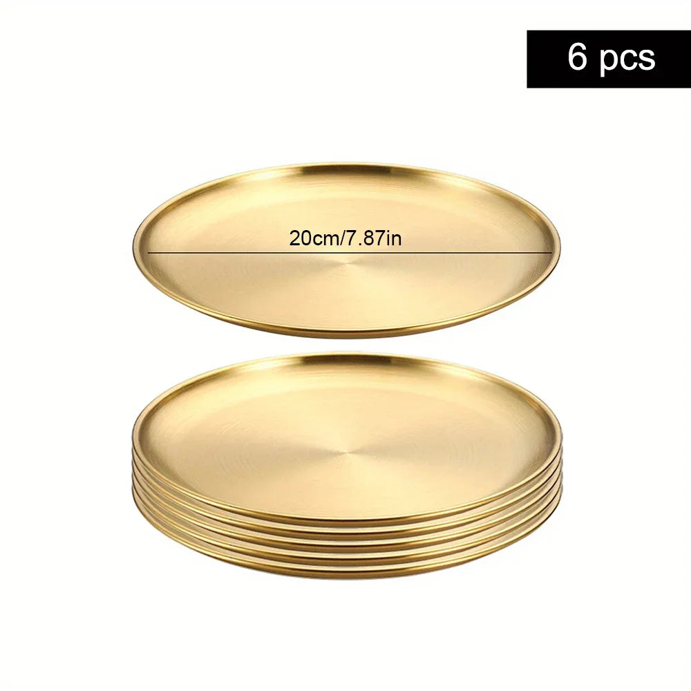 6Pcs Gold Stainless Steels Round Plate Rust-Proof Shallow Tray Plate Camping Plate BBQ Picnic Dishes Cookware