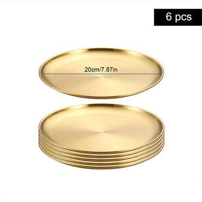 6Pcs Gold Stainless Steels Round Plate Rust-Proof Shallow Tray Plate Camping Plate BBQ Picnic Dishes Cookware