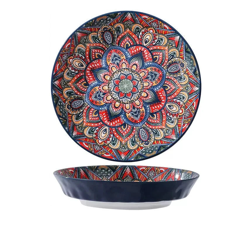 1Pc/2Pcs Bohemian Ceramic Tableware, Unique Floral Pattern Design, Bohemian Style Handmade Ceramic Tableware for Home Daily Use, Outdoor Camping Style Picnic, Restaurant Hotel Serving Plate, Home Decoration Tableware, Salad P