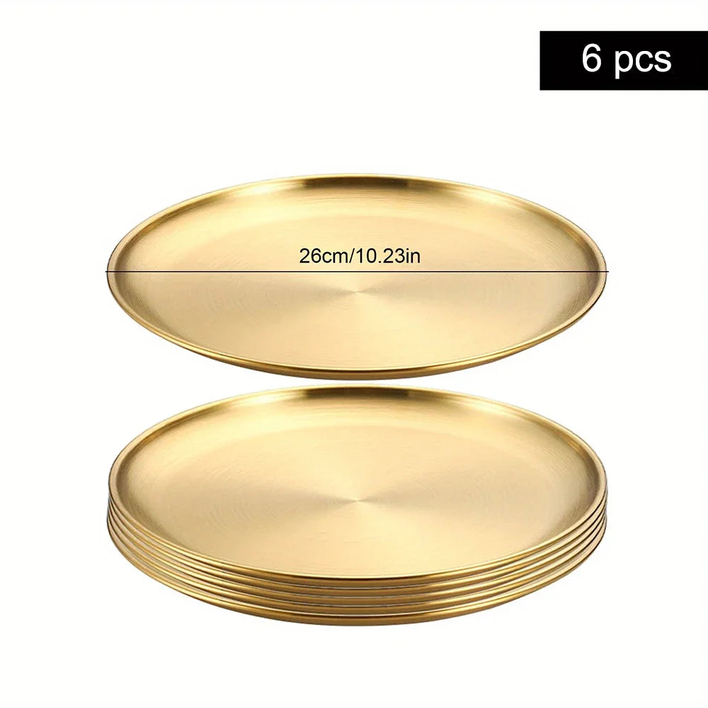 6Pcs Gold Stainless Steels Round Plate Rust-Proof Shallow Tray Plate Camping Plate BBQ Picnic Dishes Cookware