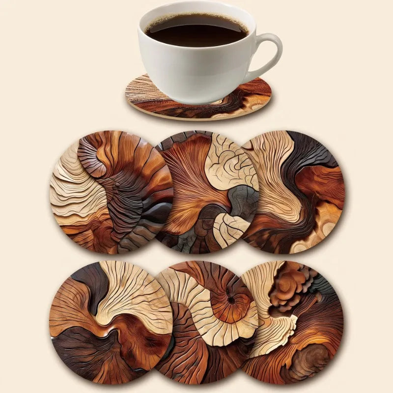 Juego de 6 elegantes posavasos de madera, diseño artesanal con vetas de madera y patrones en espiral, perfectos para café, té, hogar y decoración de bares.