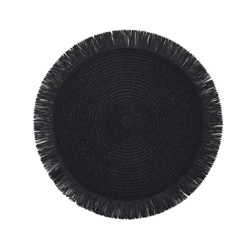 Round Braided Placemats Fringe Paper Table Mats Hand Woven Non-slip Insulation Place Mats Tea Cup Pad Dining Table Decorations