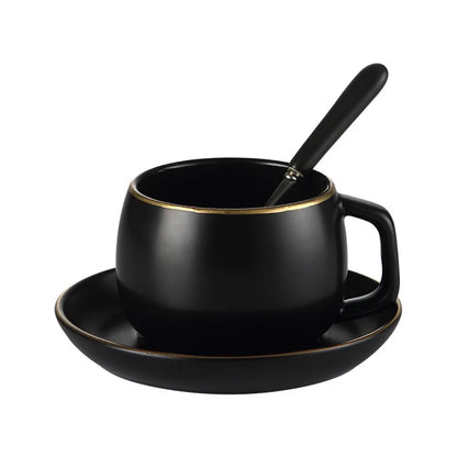 Matte Black Ceramic Cup with Gold-Border Saucer