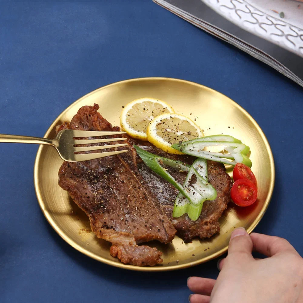 6Pcs Gold Stainless Steels Round Plate Rust-Proof Shallow Tray Plate Camping Plate BBQ Picnic Dishes Cookware