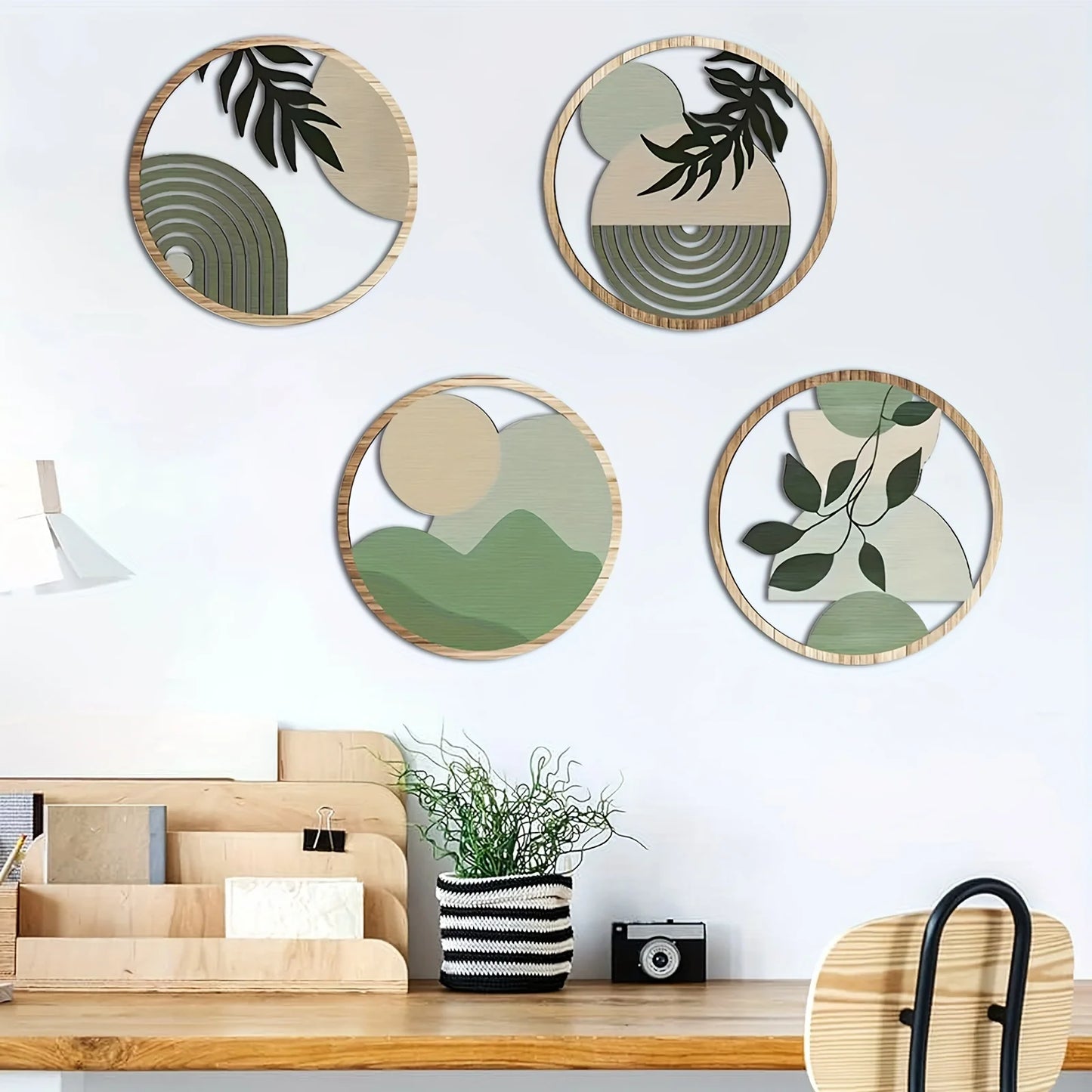 4 piezas de decoración de pared de madera bohemia, esculturas colgantes rústicas huecas para sala de estar, dormitorio y patio al aire libre.