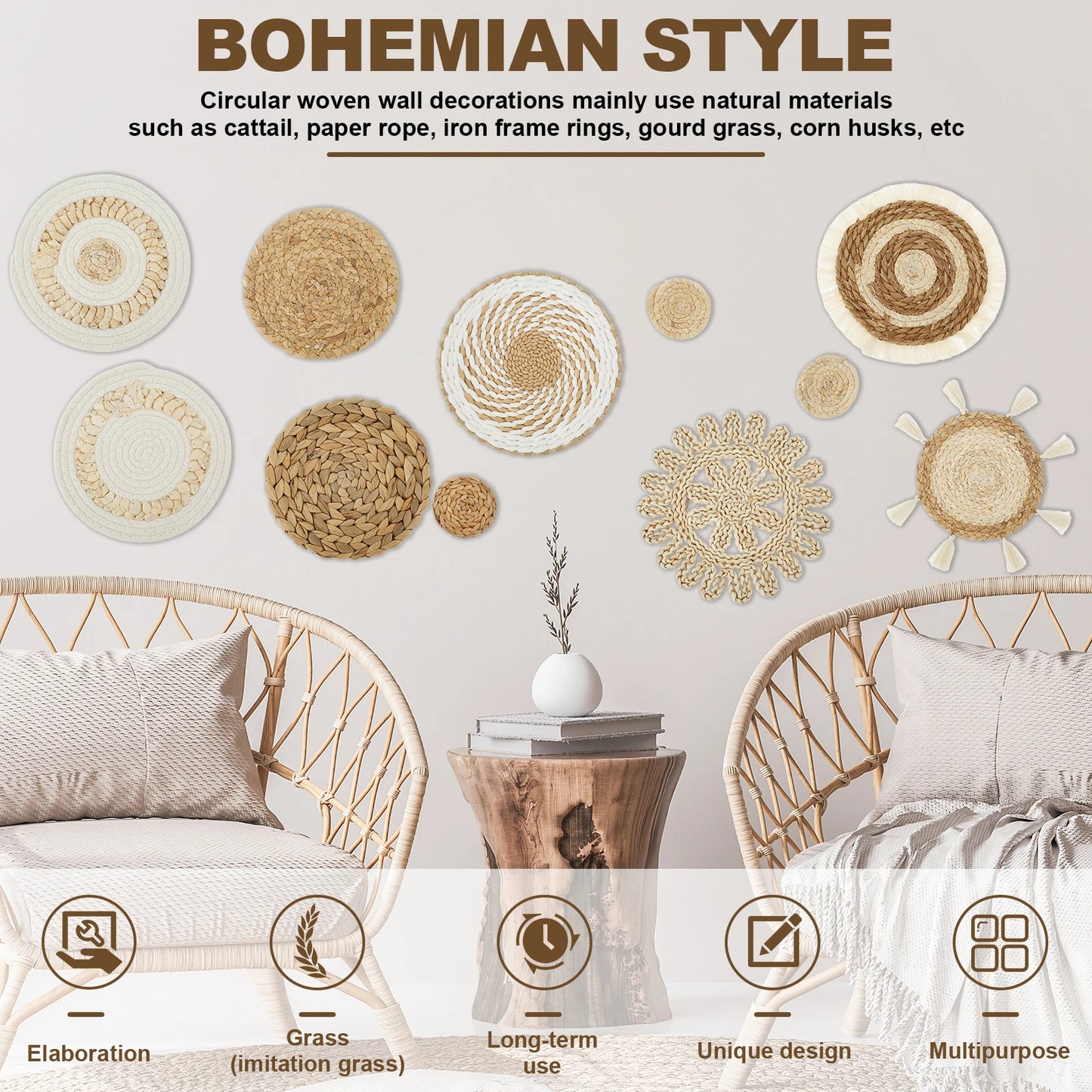 11Pcs Woven Wall Basket Decor Decorative Rattan Wicker Wall Decor Handmade Wicker Wall Baskets Aesthetic Wall Basket Decor Woven