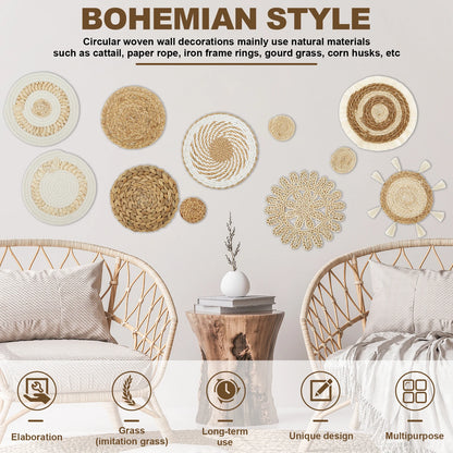 11Pcs Woven Wall Basket Decor Decorative Rattan Wicker Wall Decor Handmade Wicker Wall Baskets Aesthetic Wall Basket Decor Woven