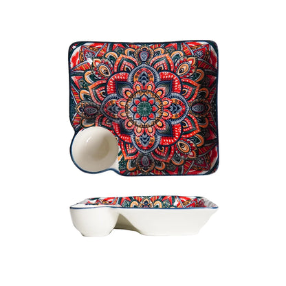 1Pc/2Pcs Bohemian Ceramic Tableware, Unique Floral Pattern Design, Bohemian Style Handmade Ceramic Tableware for Home Daily Use, Outdoor Camping Style Picnic, Restaurant Hotel Serving Plate, Home Decoration Tableware, Salad P