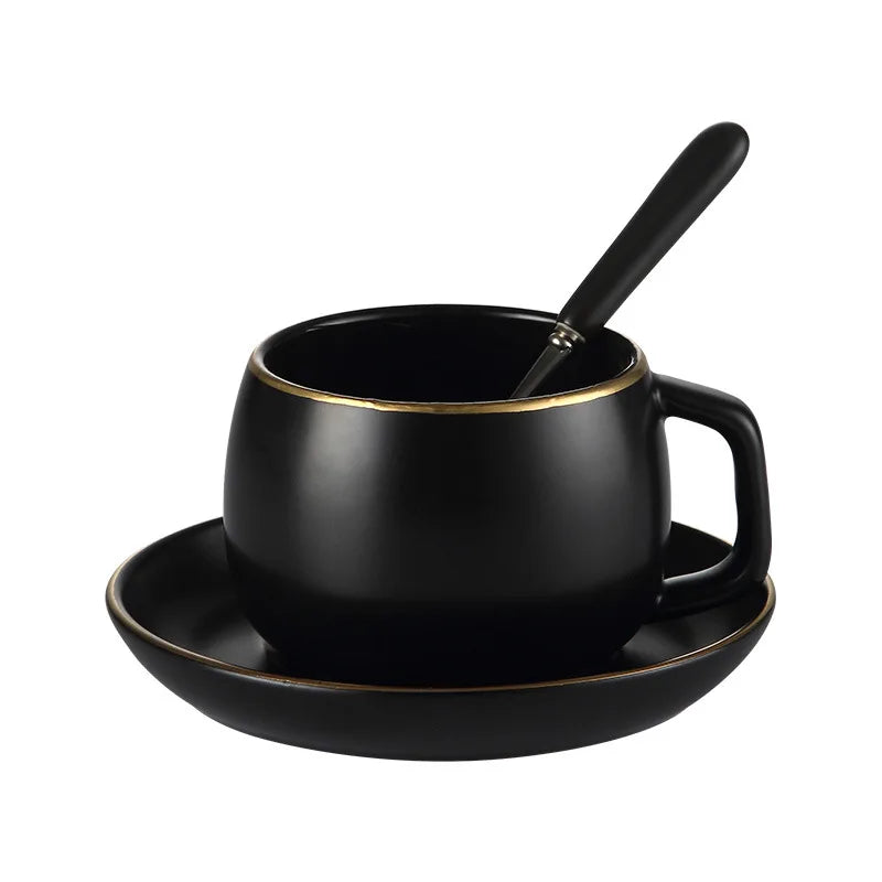 Matte Black Ceramic Cup with Gold-Border Saucer