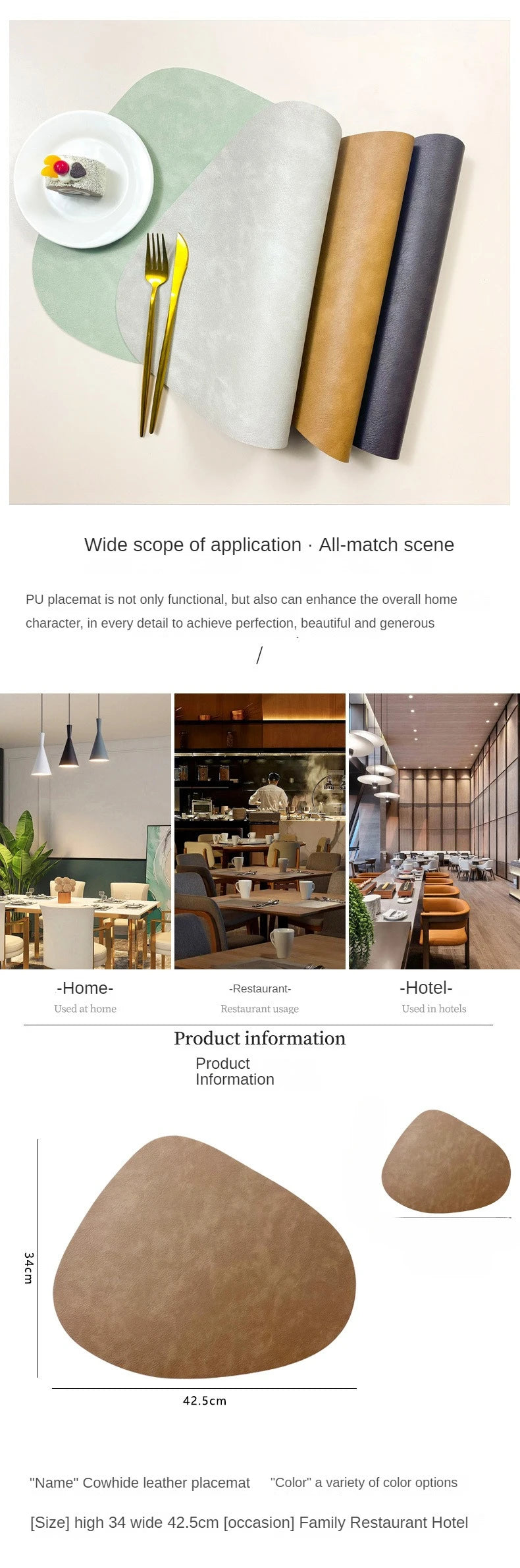 Mantel individual de PU antideslizante de doble cara con aislamiento, estilo nórdico, con estampado de piel de vaca sintética y forma de gota de agua.