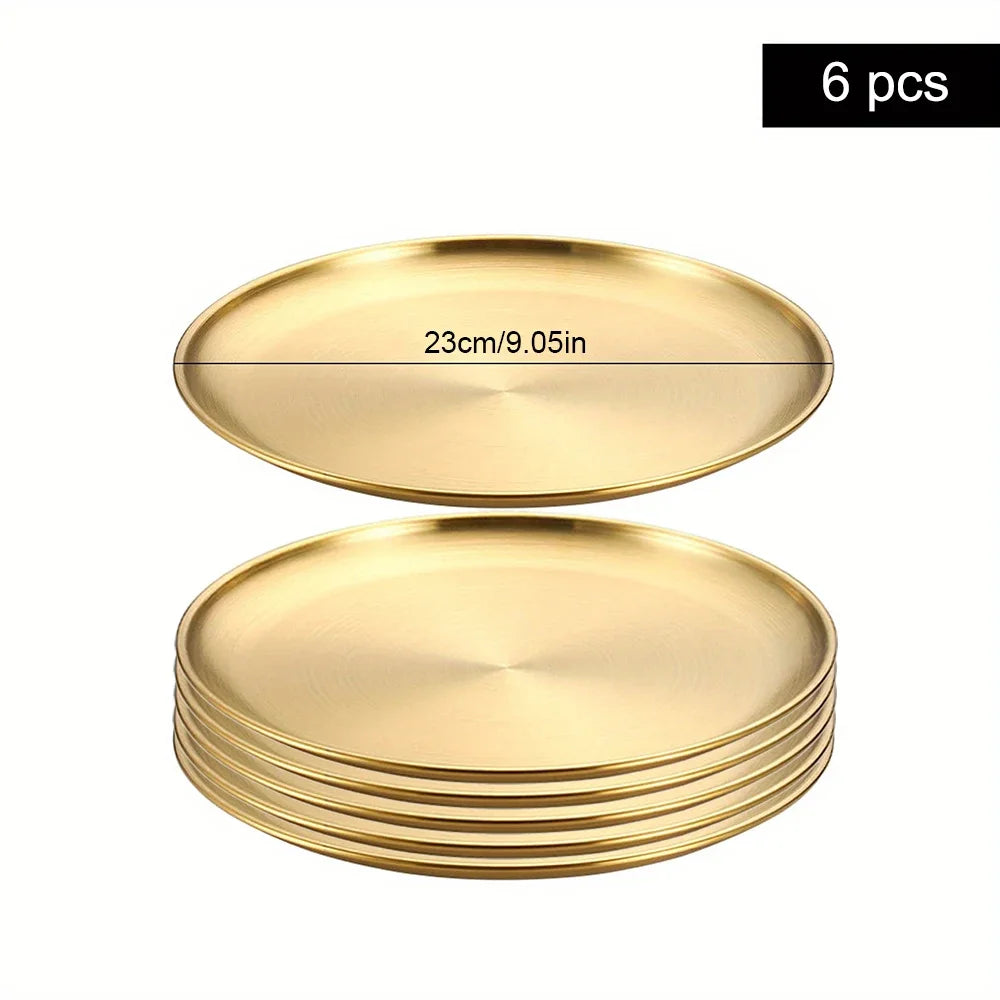 6Pcs Gold Stainless Steels Round Plate Rust-Proof Shallow Tray Plate Camping Plate BBQ Picnic Dishes Cookware