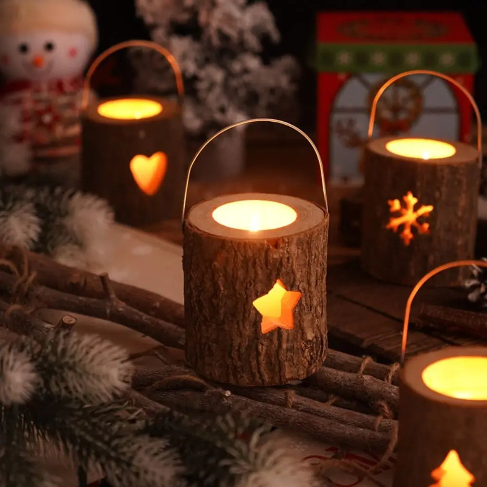 Home Decor Rustic Wood Candlestick Minimalist Decorative Candle Holder Natural with Handle Craft Candelabra Valentine's Day
