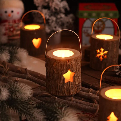 Home Decor Rustic Wood Candlestick Minimalist Decorative Candle Holder Natural with Handle Craft Candelabra Valentine's Day
