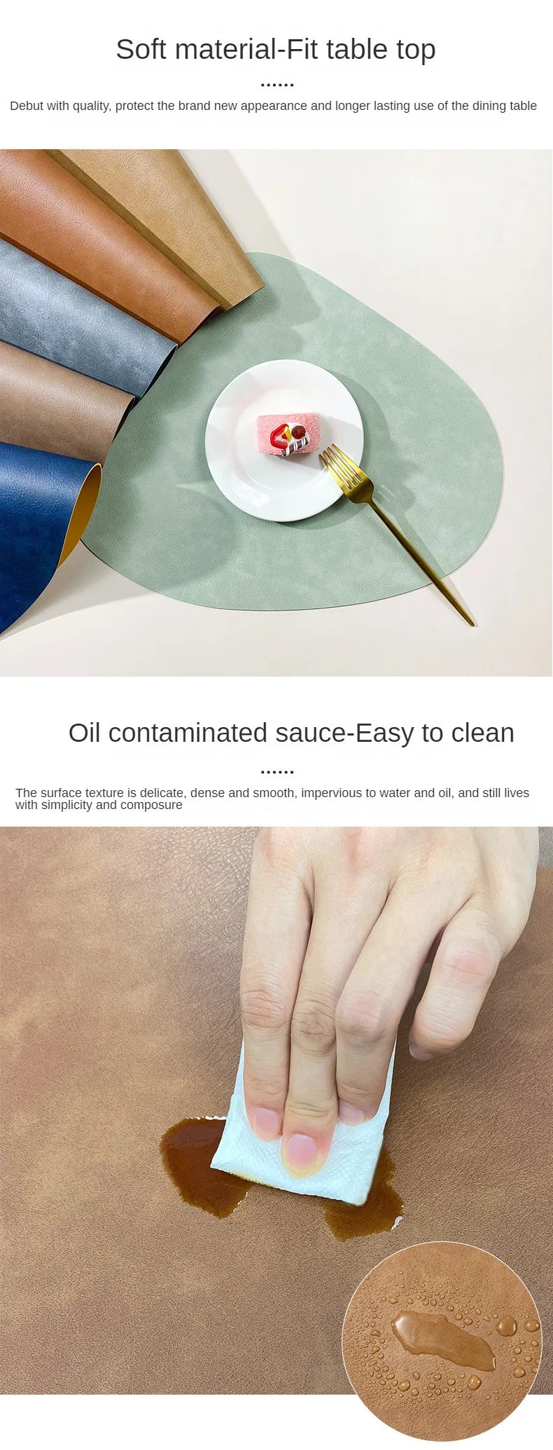 Mantel individual de PU antideslizante de doble cara con aislamiento, estilo nórdico, con estampado de piel de vaca sintética y forma de gota de agua.