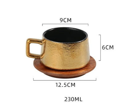 Taza de café de 23 ml con elegante platillo dorado y plateado 