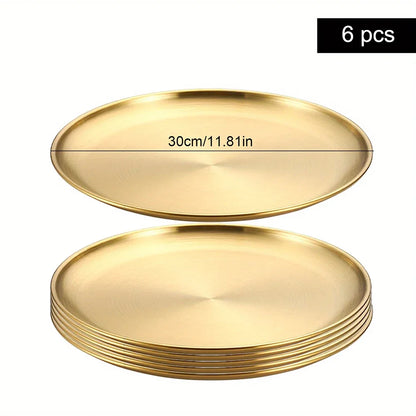 6Pcs Gold Stainless Steels Round Plate Rust-Proof Shallow Tray Plate Camping Plate BBQ Picnic Dishes Cookware