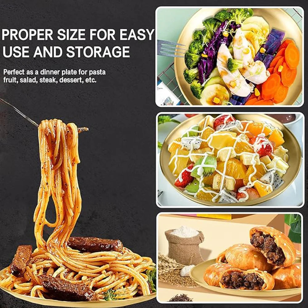 6Pcs Gold Stainless Steels Round Plate Rust-Proof Shallow Tray Plate Camping Plate BBQ Picnic Dishes Cookware