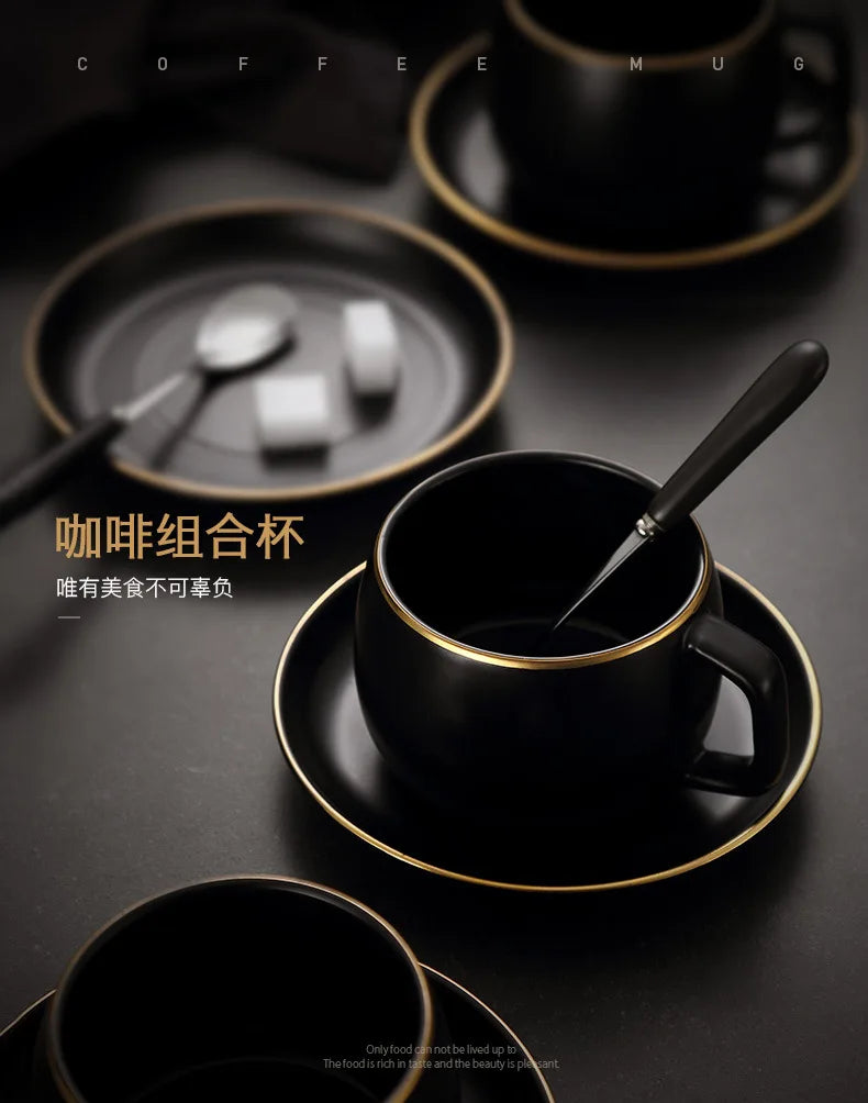 Matte Black Ceramic Cup with Gold-Border Saucer