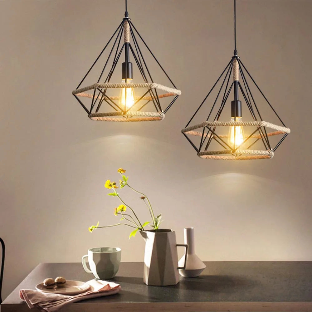 E27 Industrial Lighting Loft Pendant Light Vintage Lamp Shade Loft Coffee Bar Kitchen Hanging Pendant Light Metal and Hemp Rope