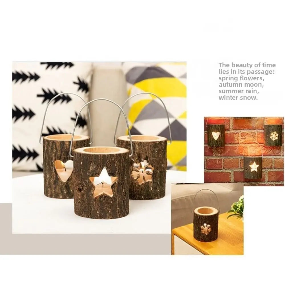 Home Decor Rustic Wood Candlestick Decorative Natural Craft Candelabra with Handle Minimalist Candle Holder Gift