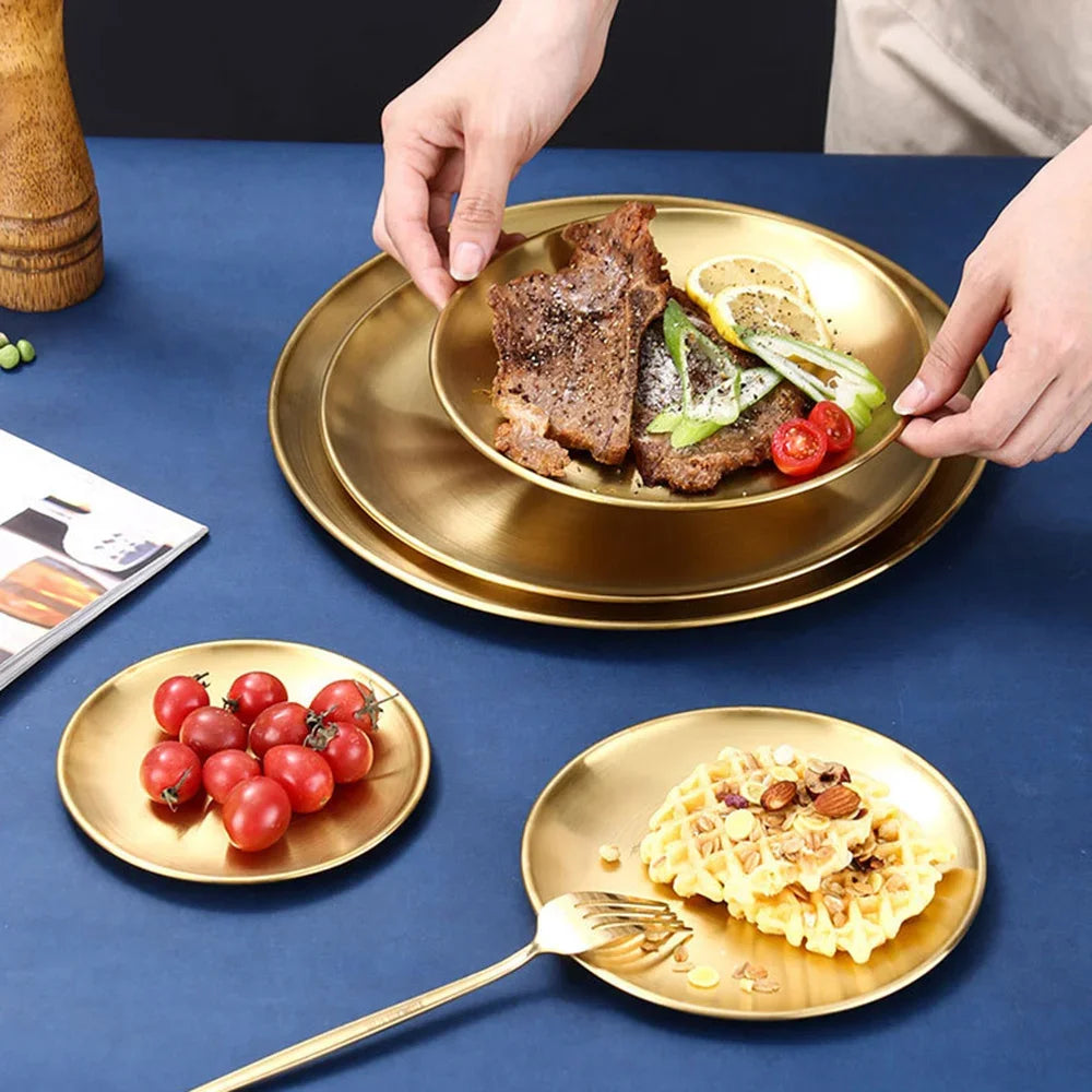 6Pcs Gold Stainless Steels Round Plate Rust-Proof Shallow Tray Plate Camping Plate BBQ Picnic Dishes Cookware