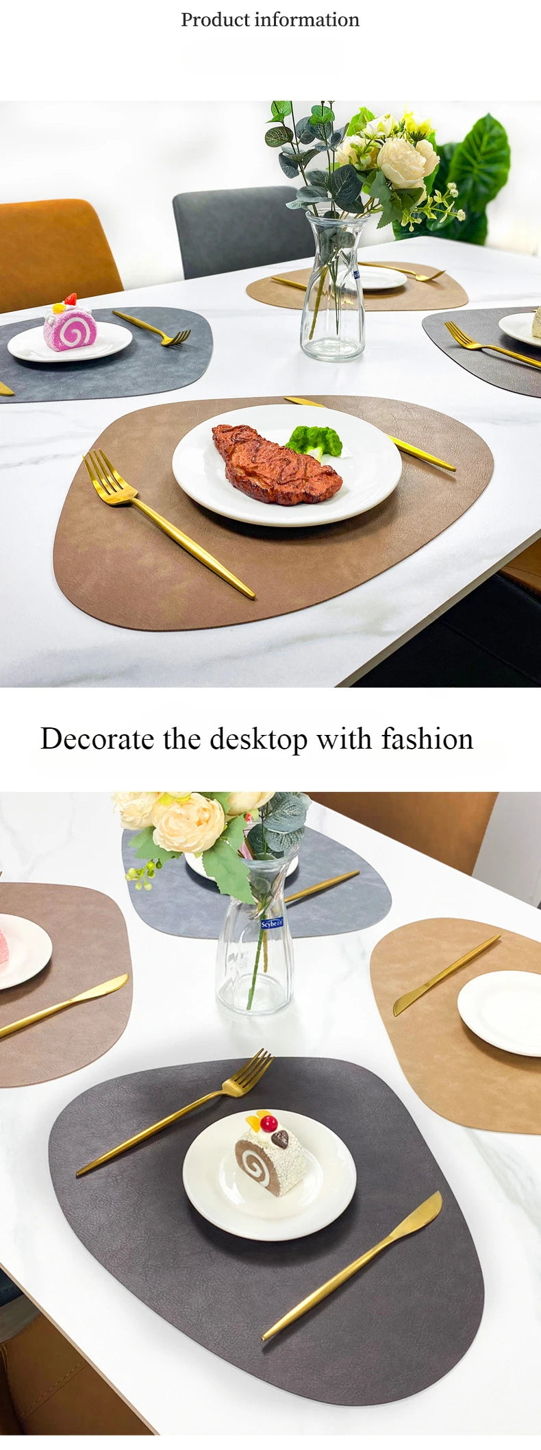 Mantel individual de PU antideslizante de doble cara con aislamiento, estilo nórdico, con estampado de piel de vaca sintética y forma de gota de agua.