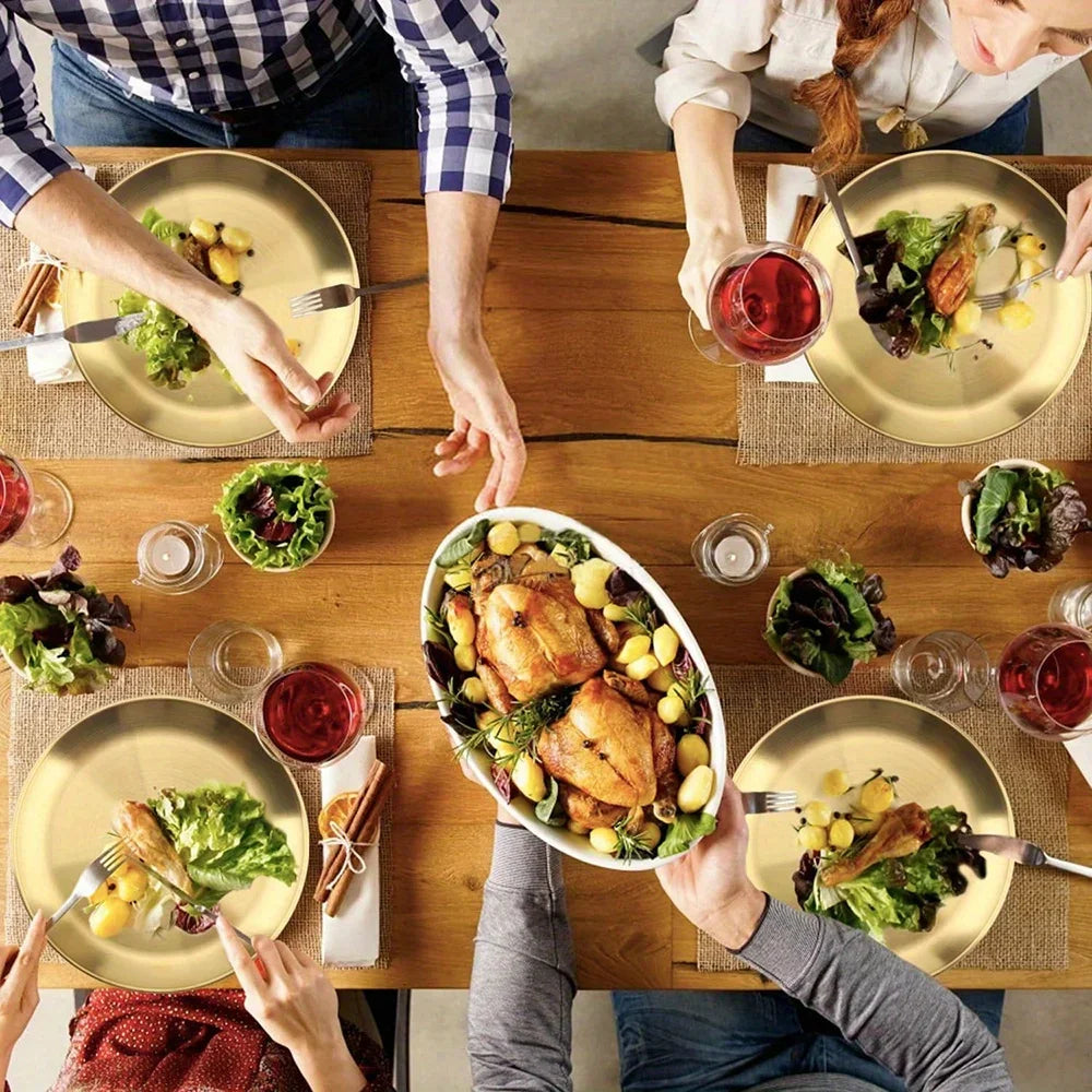 6Pcs Gold Stainless Steels Round Plate Rust-Proof Shallow Tray Plate Camping Plate BBQ Picnic Dishes Cookware