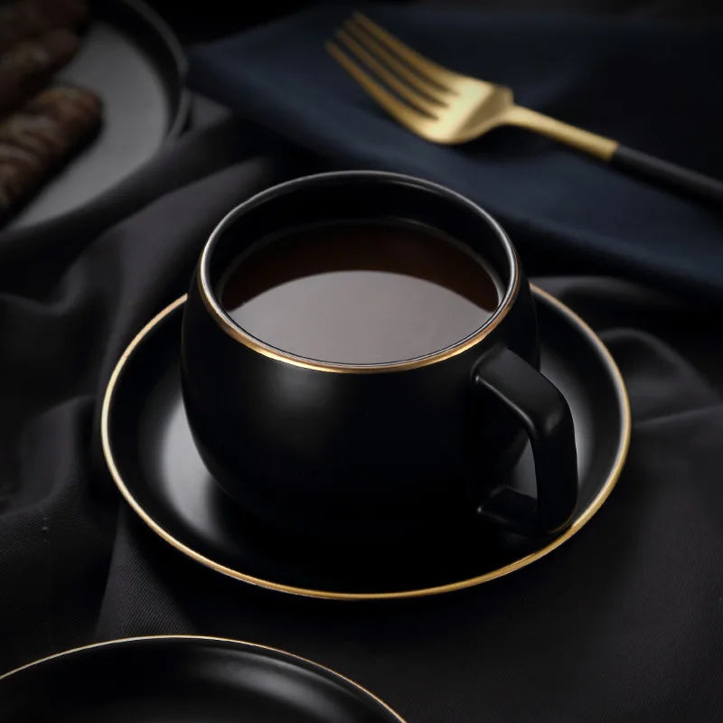 Matte Black Ceramic Cup with Gold-Border Saucer