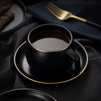 Matte Black Ceramic Cup with Gold-Border Saucer