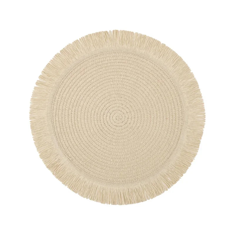 Round Braided Placemats Fringe Paper Table Mats Hand Woven Non-slip Insulation Place Mats Tea Cup Pad Dining Table Decorations