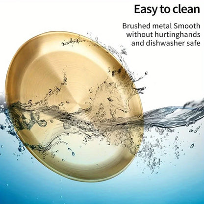 6Pcs Gold Stainless Steels Round Plate Rust-Proof Shallow Tray Plate Camping Plate BBQ Picnic Dishes Cookware