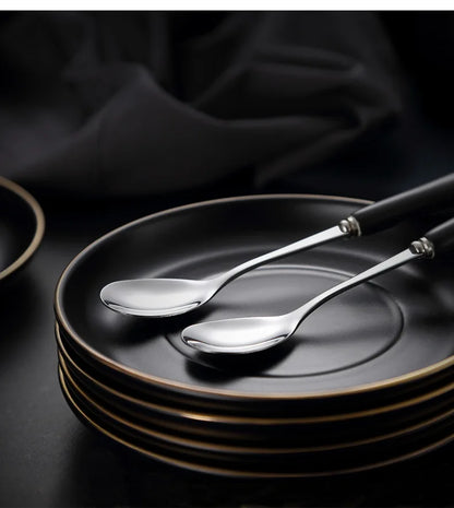 Matte Black Ceramic Cup with Gold-Border Saucer