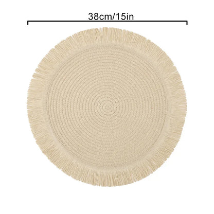 Round Braided Placemats Fringe Paper Table Mats Hand Woven Non-slip Insulation Place Mats Tea Cup Pad Dining Table Decorations