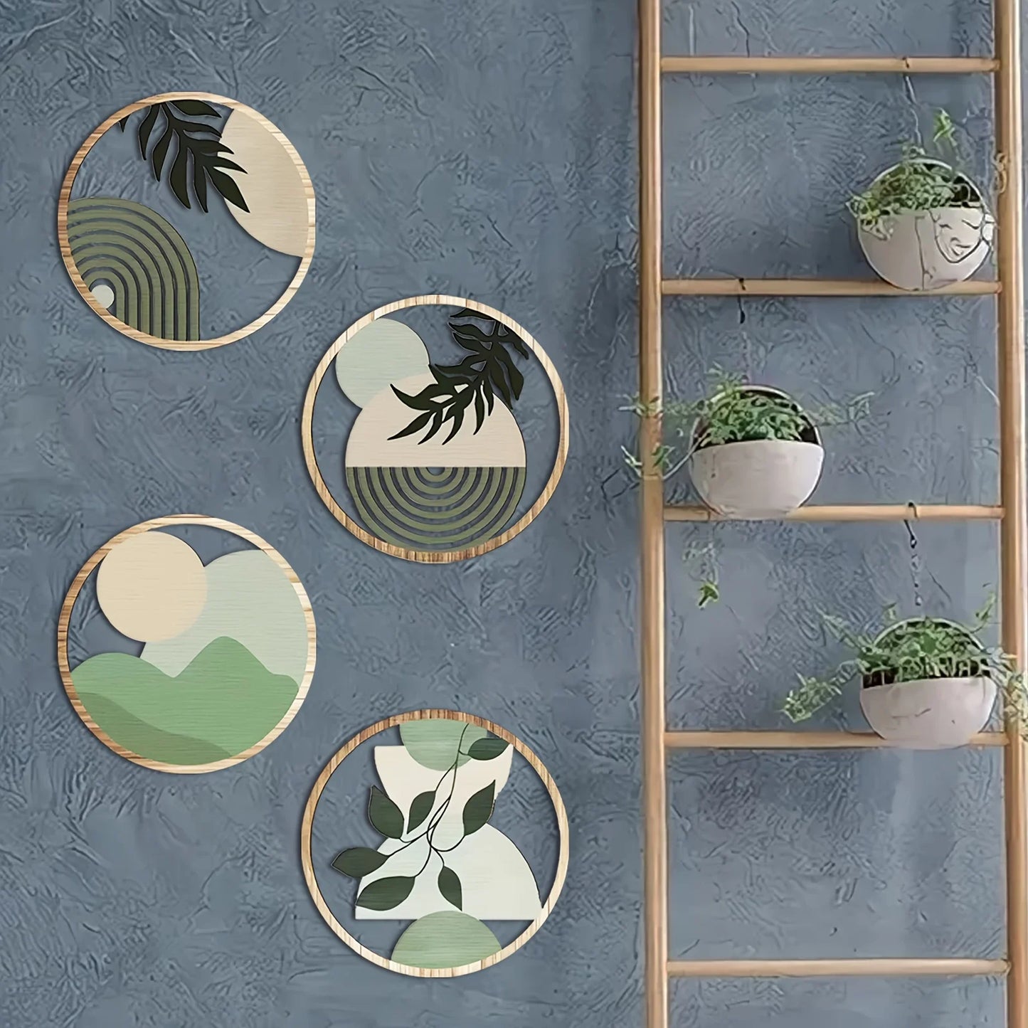 4 piezas de decoración de pared de madera bohemia, esculturas colgantes rústicas huecas para sala de estar, dormitorio y patio al aire libre.