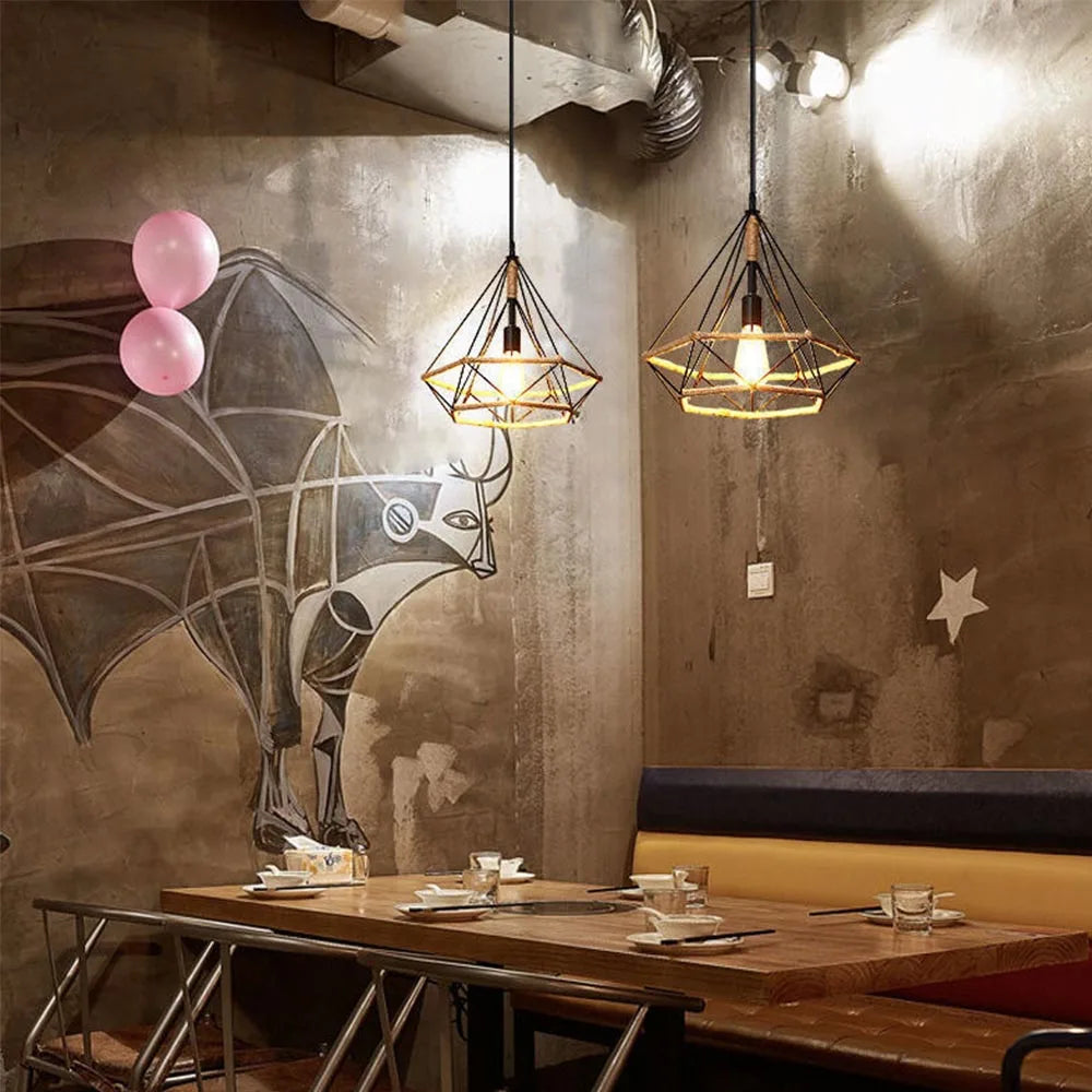 E27 Industrial Lighting Loft Pendant Light Vintage Lamp Shade Loft Coffee Bar Kitchen Hanging Pendant Light Metal and Hemp Rope