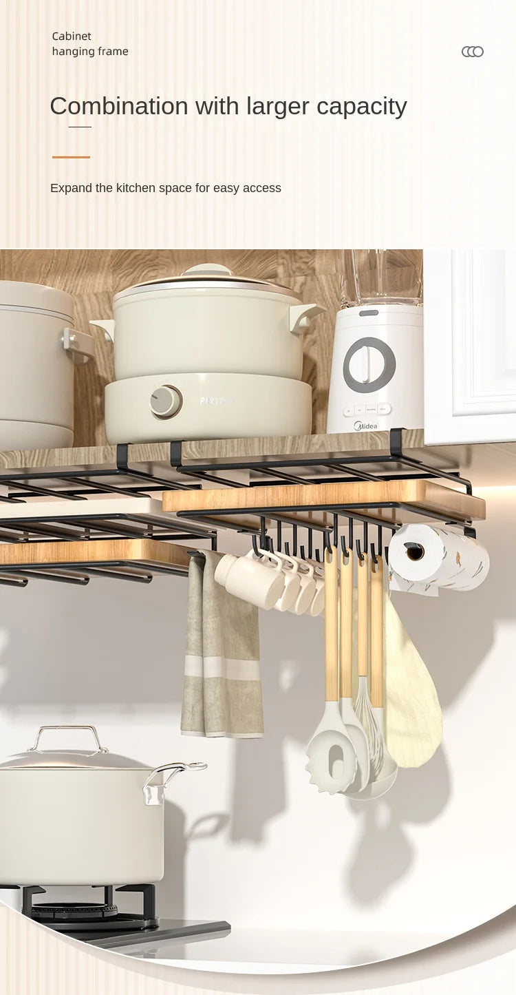 "SpaceSaver Hanging Rack – Sleek Under-Cabinet Storage for Pots, Covers & Kitchen Tools