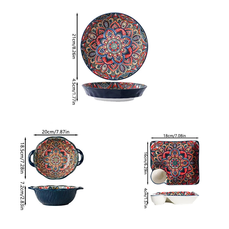 1Pc/2Pcs Bohemian Ceramic Tableware, Unique Floral Pattern Design, Bohemian Style Handmade Ceramic Tableware for Home Daily Use, Outdoor Camping Style Picnic, Restaurant Hotel Serving Plate, Home Decoration Tableware, Salad P