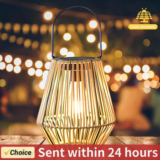 Rattan Solar Lantern IP6 Waterproof Hanging Bamboo Chandelier Lamp Solar Powered Rattan Weaving Light for Garden Patio Courtyard