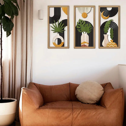Modern Line Hollow Wooden Art Wall Decor Abstract Geometric Wall Sculptures Banana Leaves Bohemian Wall Art Decor