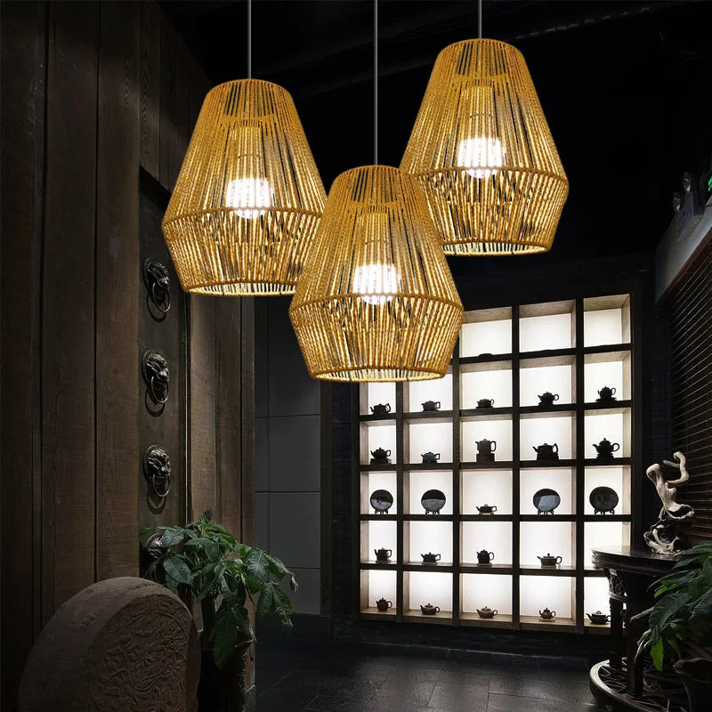 Rattan Pendant Lamp Shade Weaved for Restaurant Bar Bedroom Balcony Pendant Light Simple Retro Hand-woven Rattan