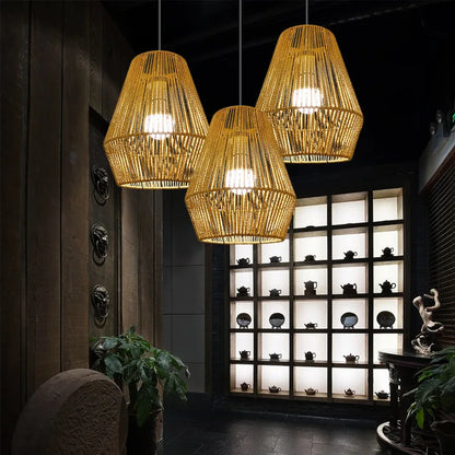 Rattan Pendant Lamp Shade Weaved for Restaurant Bar Bedroom Balcony Pendant Light Simple Retro Hand-woven Rattan