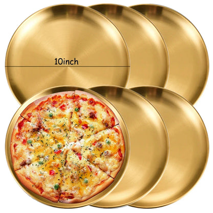 6Pcs Gold Stainless Steels Round Plate Rust-Proof Shallow Tray Plate Camping Plate BBQ Picnic Dishes Cookware