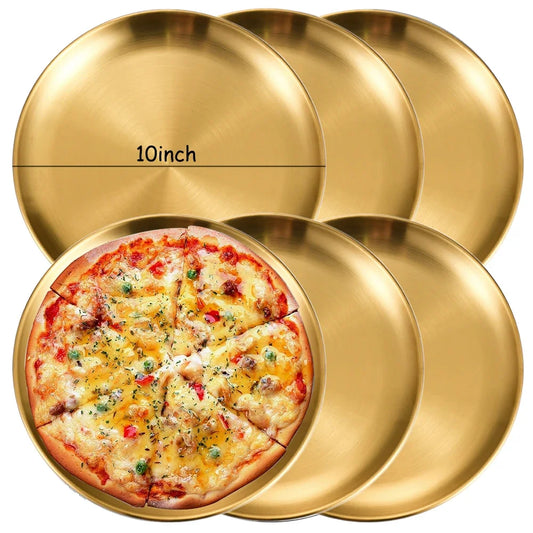 6Pcs Gold Stainless Steels Round Plate Rust-Proof Shallow Tray Plate Camping Plate BBQ Picnic Dishes Cookware