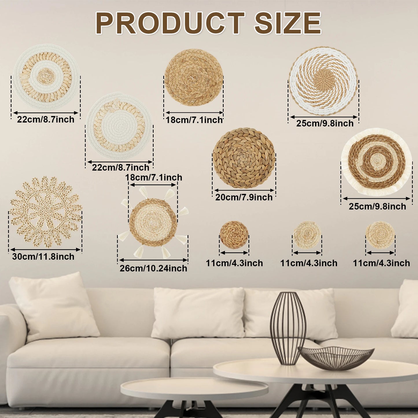 11Pcs Woven Wall Basket Decor Decorative Rattan Wicker Wall Decor Handmade Wicker Wall Baskets Aesthetic Wall Basket Decor Woven