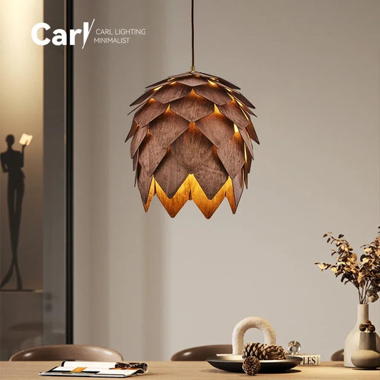 Solid Wood Pine Cone Chandelier Retro Internet Celebrity Wooden Art Restaurant Bar Chandelier Walnut Color Decorative Lamps