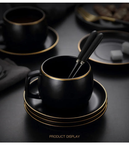 Matte Black Ceramic Cup with Gold-Border Saucer