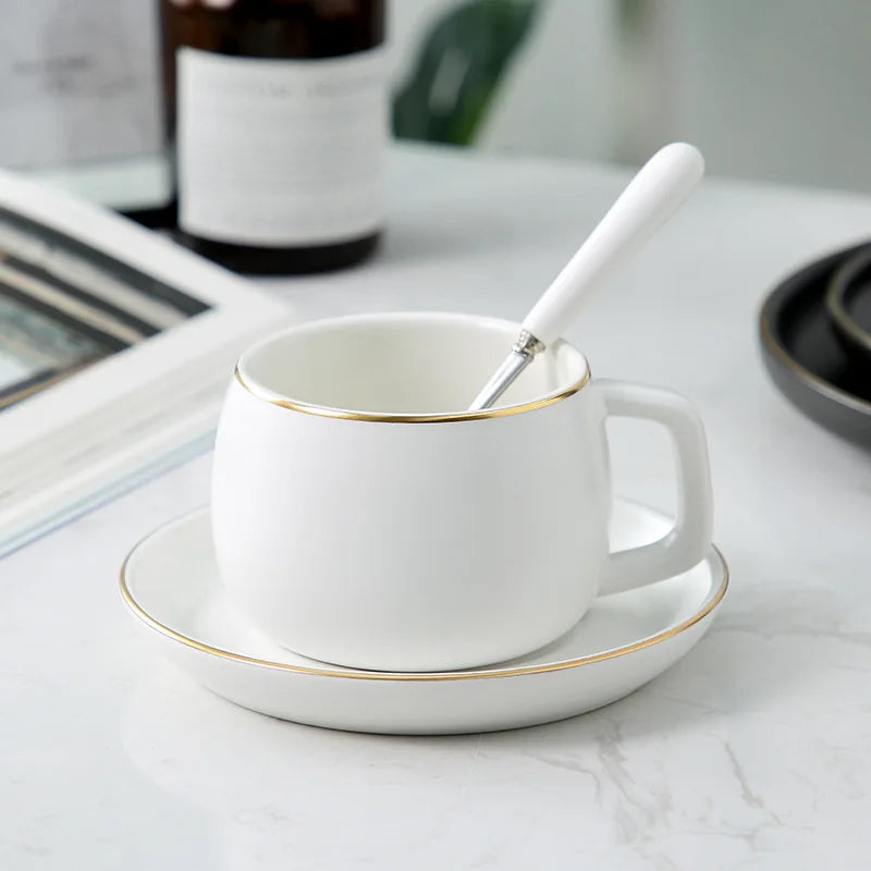 Matte Black Ceramic Cup with Gold-Border Saucer