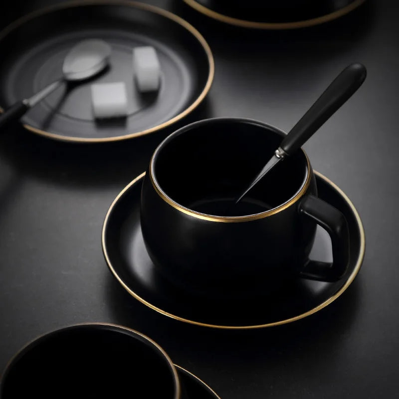 Matte Black Ceramic Cup with Gold-Border Saucer