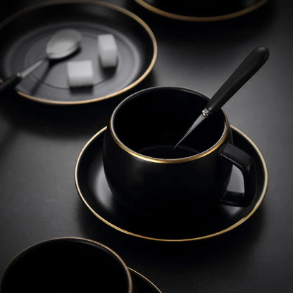 Matte Black Ceramic Cup with Gold-Border Saucer