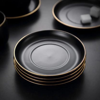 Matte Black Ceramic Cup with Gold-Border Saucer